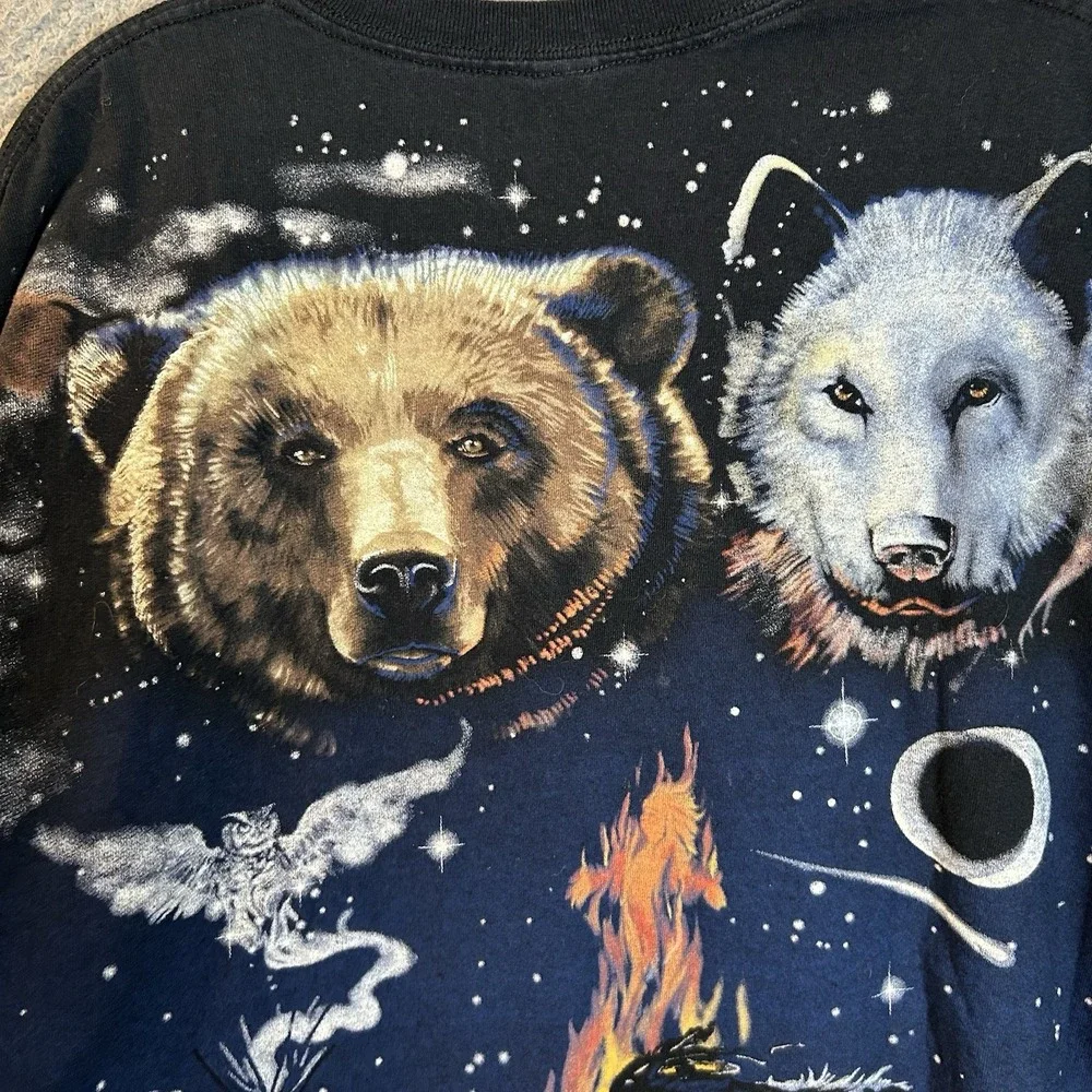 Vintage Liquid Blue Shirt Mens 2XL Indian Bear Wolf AOP Nature Tee Cut Off